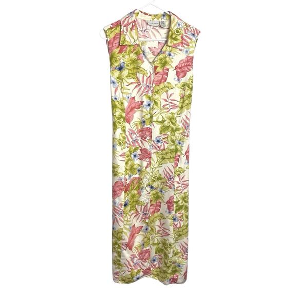Vtg 90s Jaclyn Smith Dress Womens XL Floral Sleeveless Button Up Midi Tie Back - Picture 1 of 8